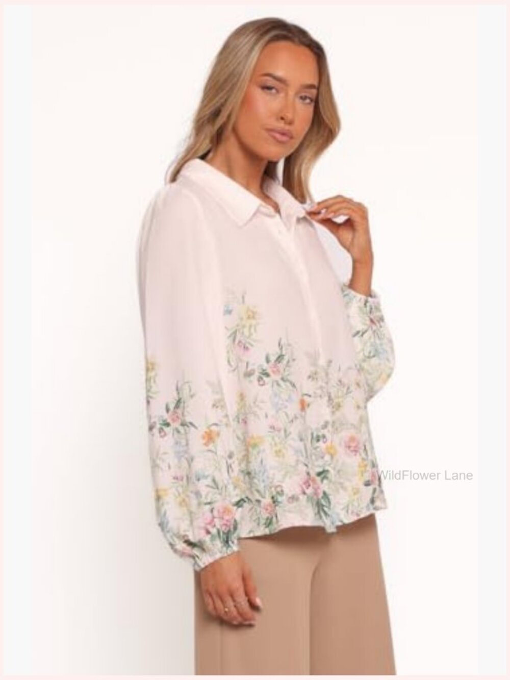 Women's Button Down Blouse Long Sleeve Floral Puff Sleeve Linen Blend - Picture 2 of 4